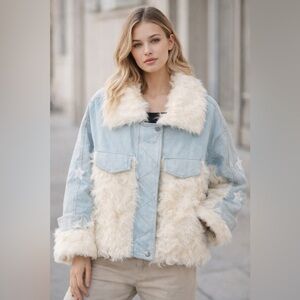 Faux Fur Denim Jacket w/ Star Sleeves — Fits L/XL